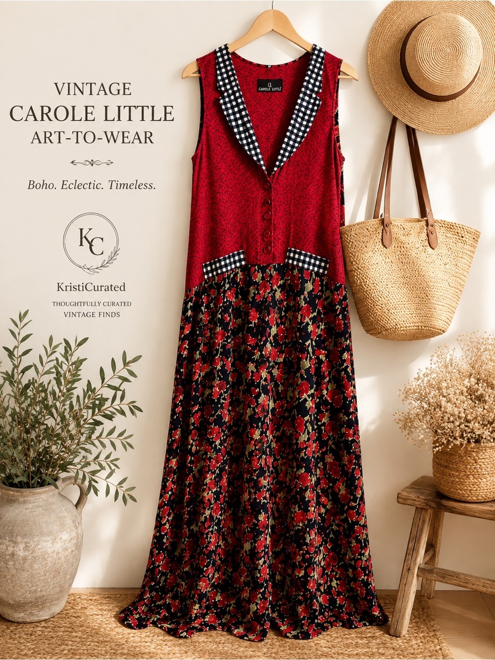 Vintage Carole Little Art-to-Wear Patchwork Floral Maxi Dress Red Gingham Boho
